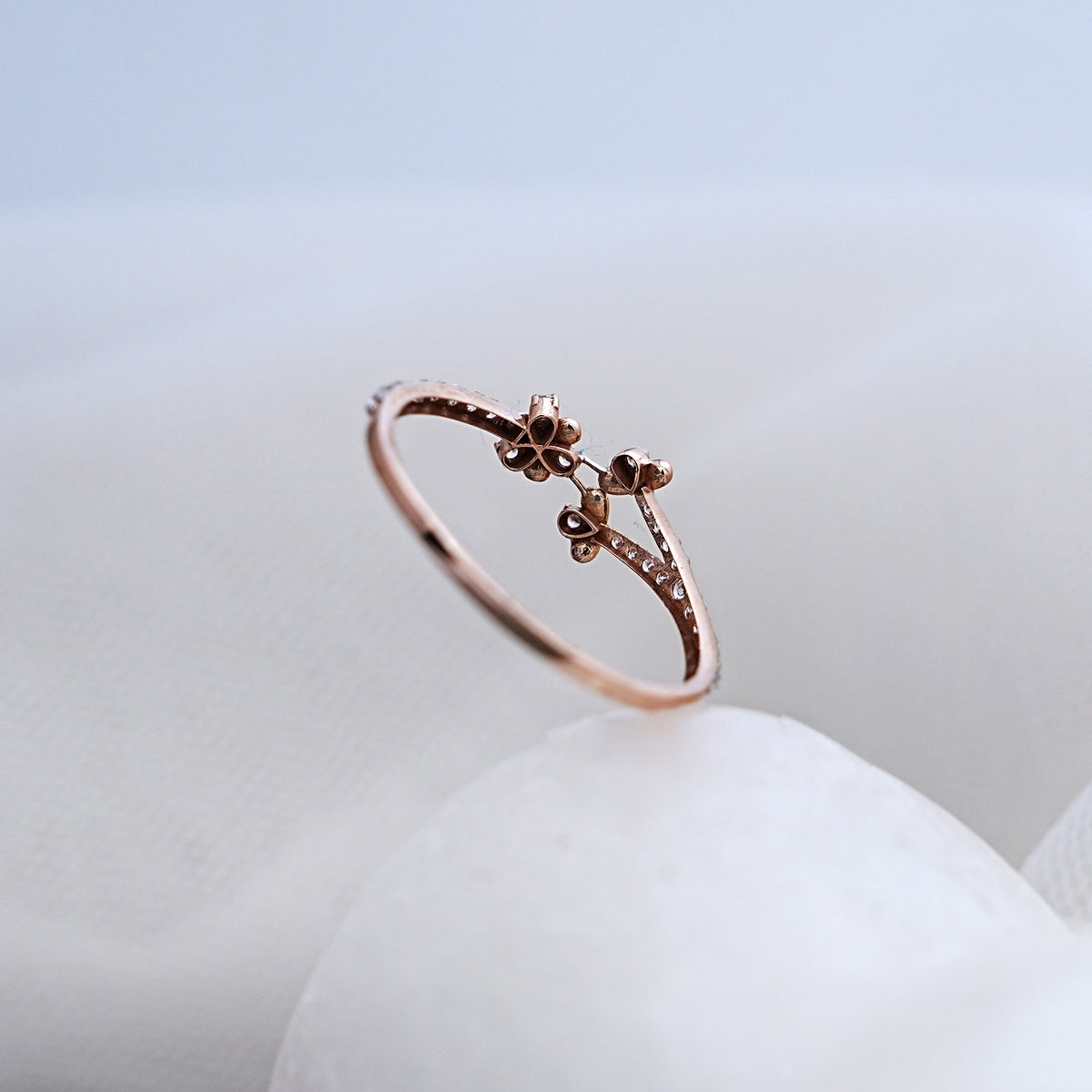 14k rose gold floral ring with cz stones