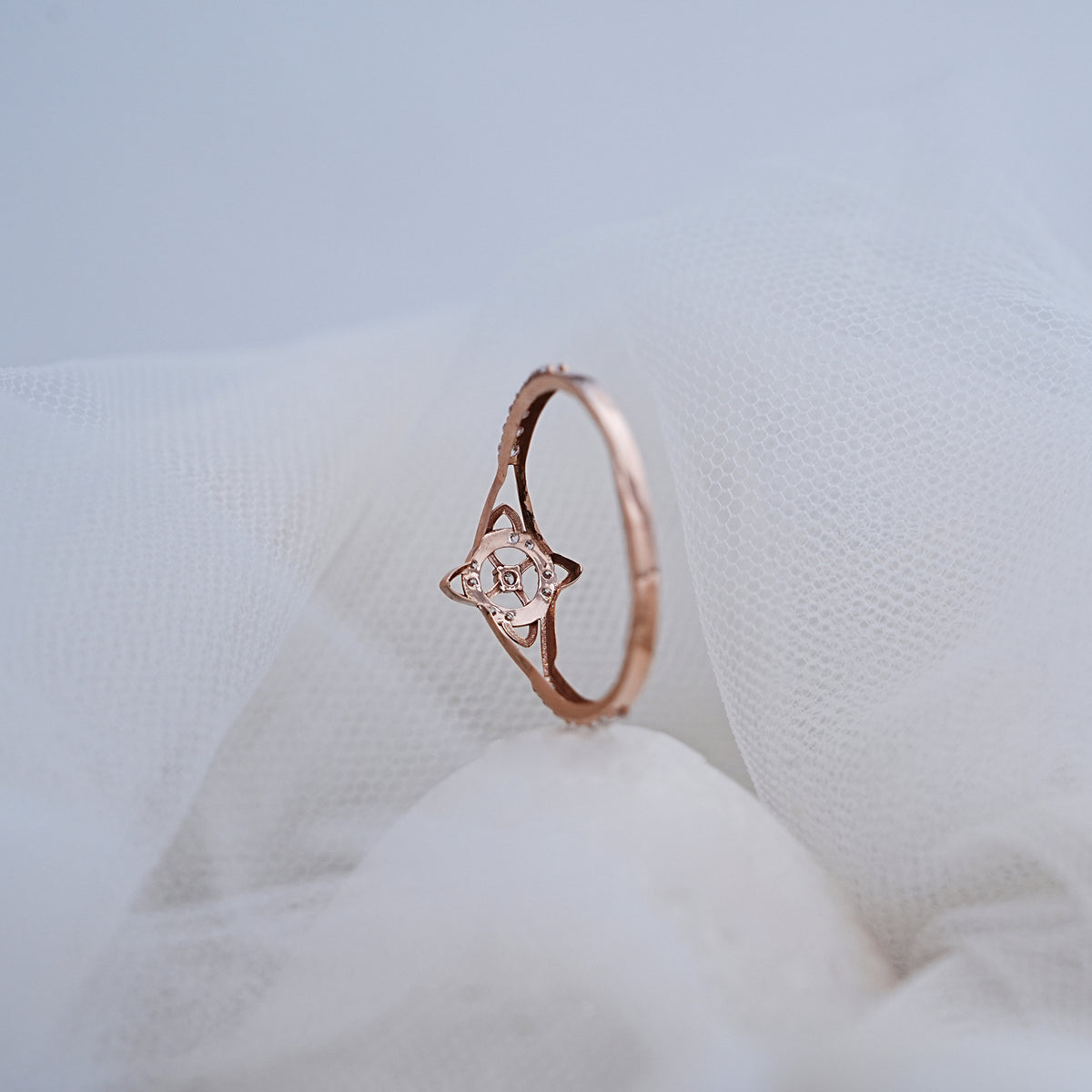 14k rose gold floral ring with cz stones