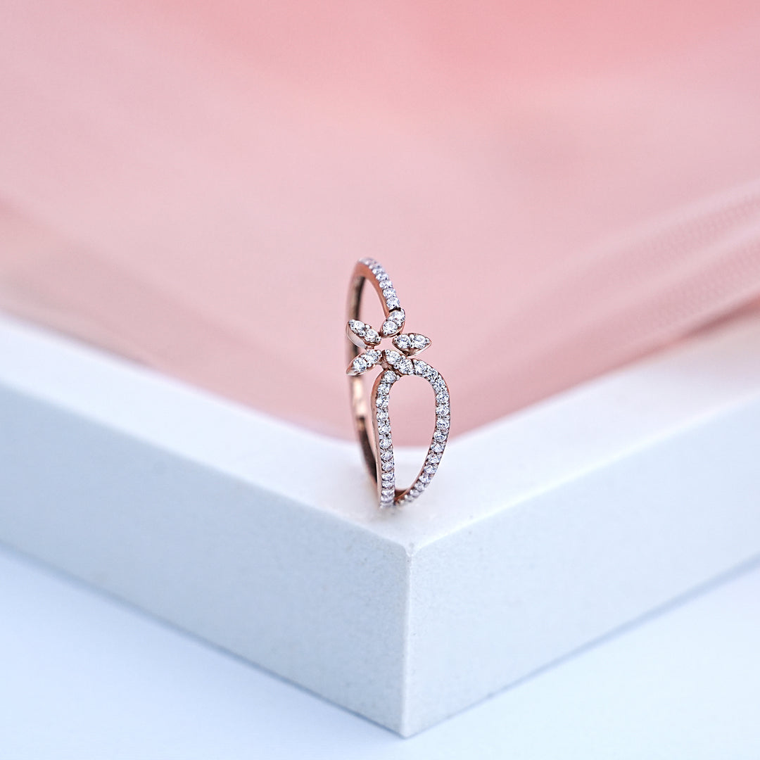 14K Rose Gold Floral Ring with CZ Stones
