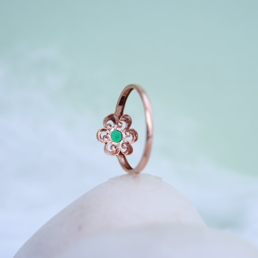 9K Rose Gold Floral Ring with Colour Stone