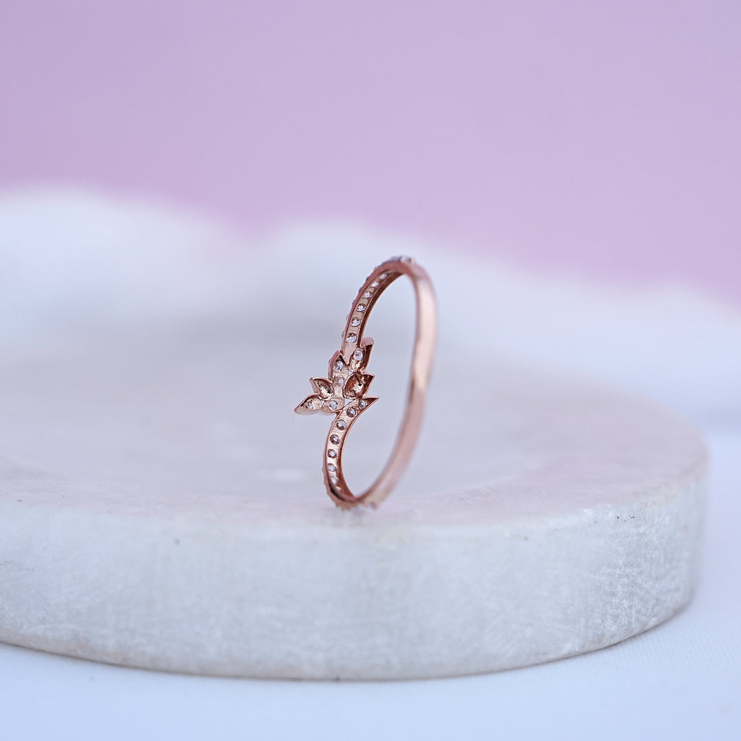 9K Rose Gold Floral Ring with CZ Stones