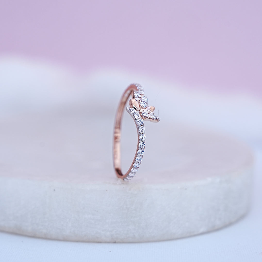 9K Rose Gold Floral Ring with CZ Stones