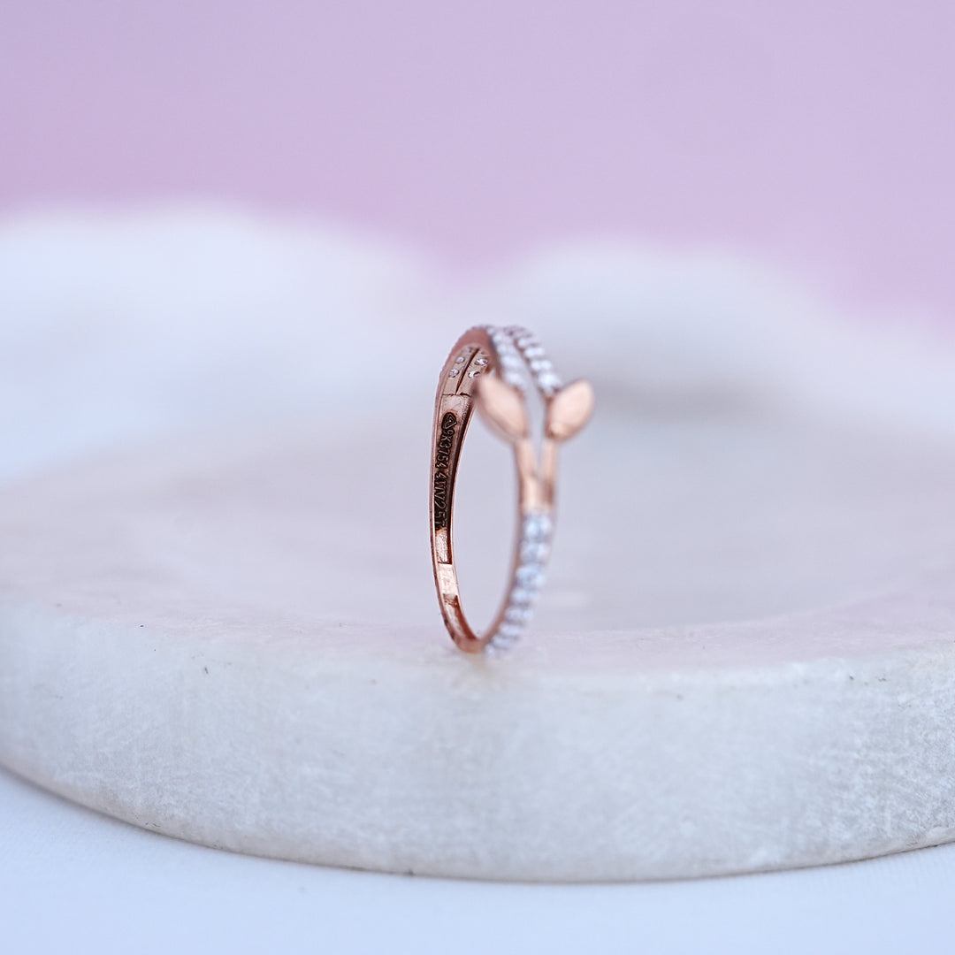 9K Rose Gold Leaf Ring with CZ Stones