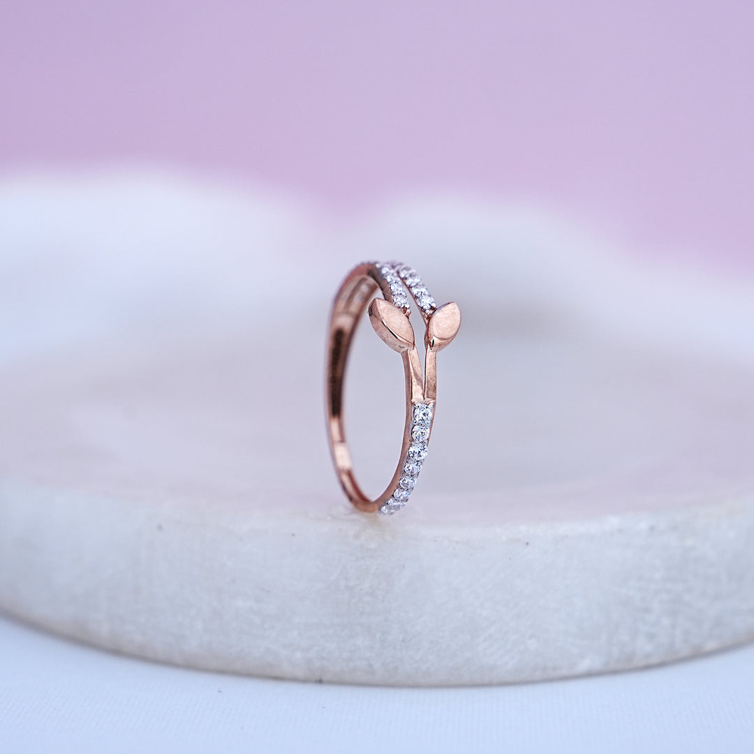 9K Rose Gold Leaf Ring with CZ Stones