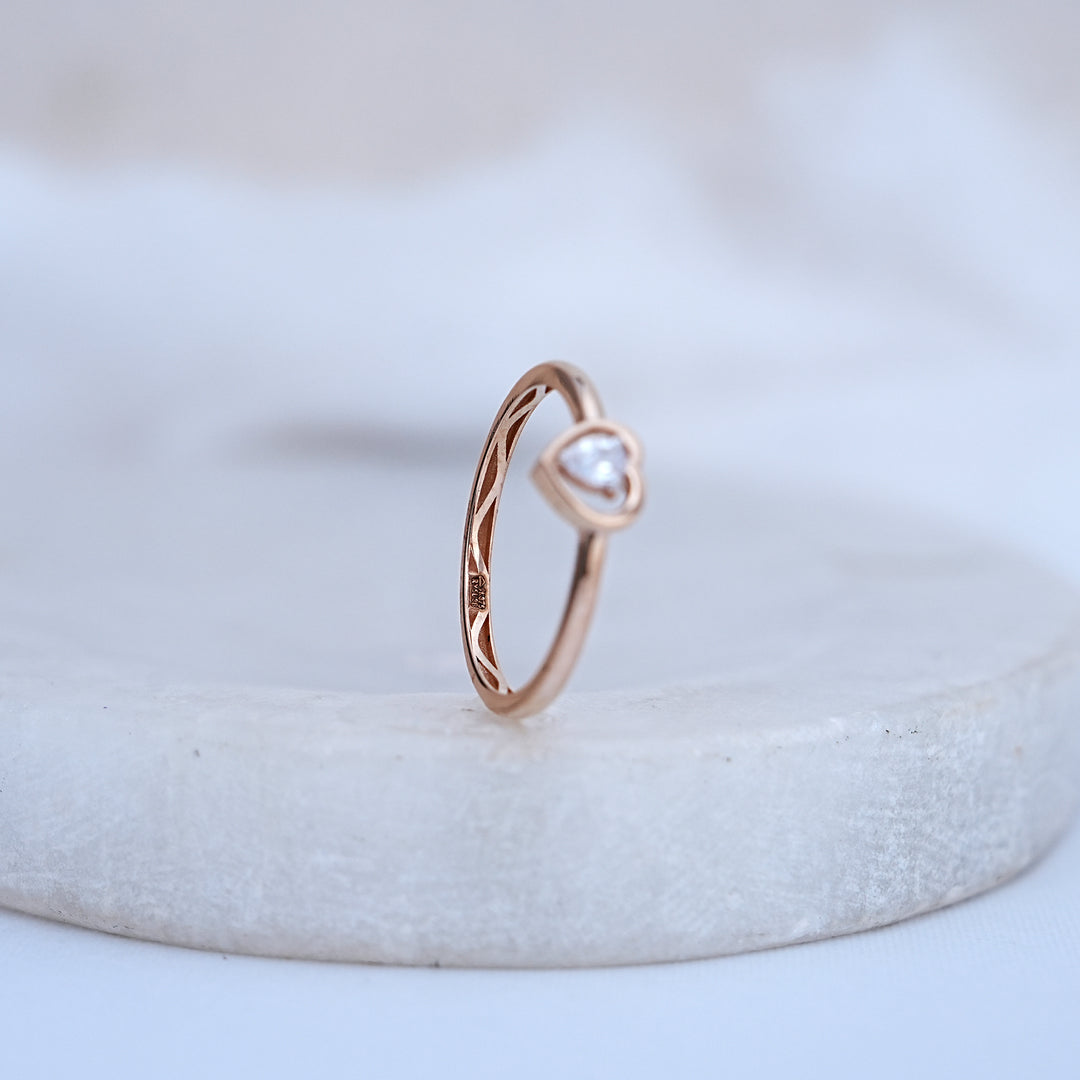 9K Rose Gold Heart Ring with CZ Stones