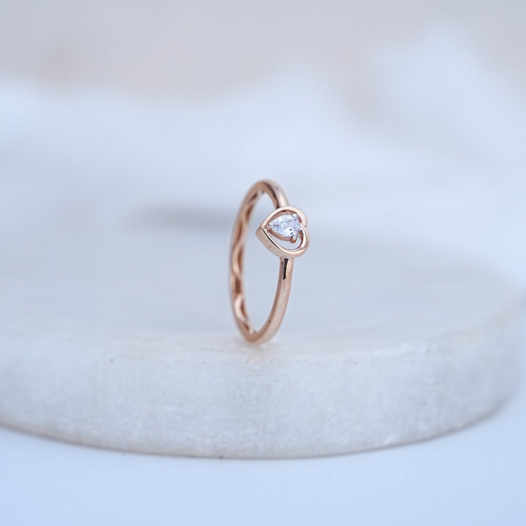 9K Rose Gold Heart Ring with CZ Stones
