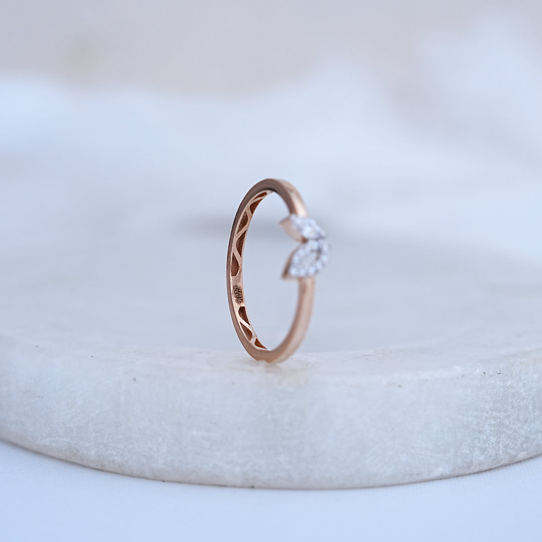 9K Rose Gold Leaf Ring with CZ Stones