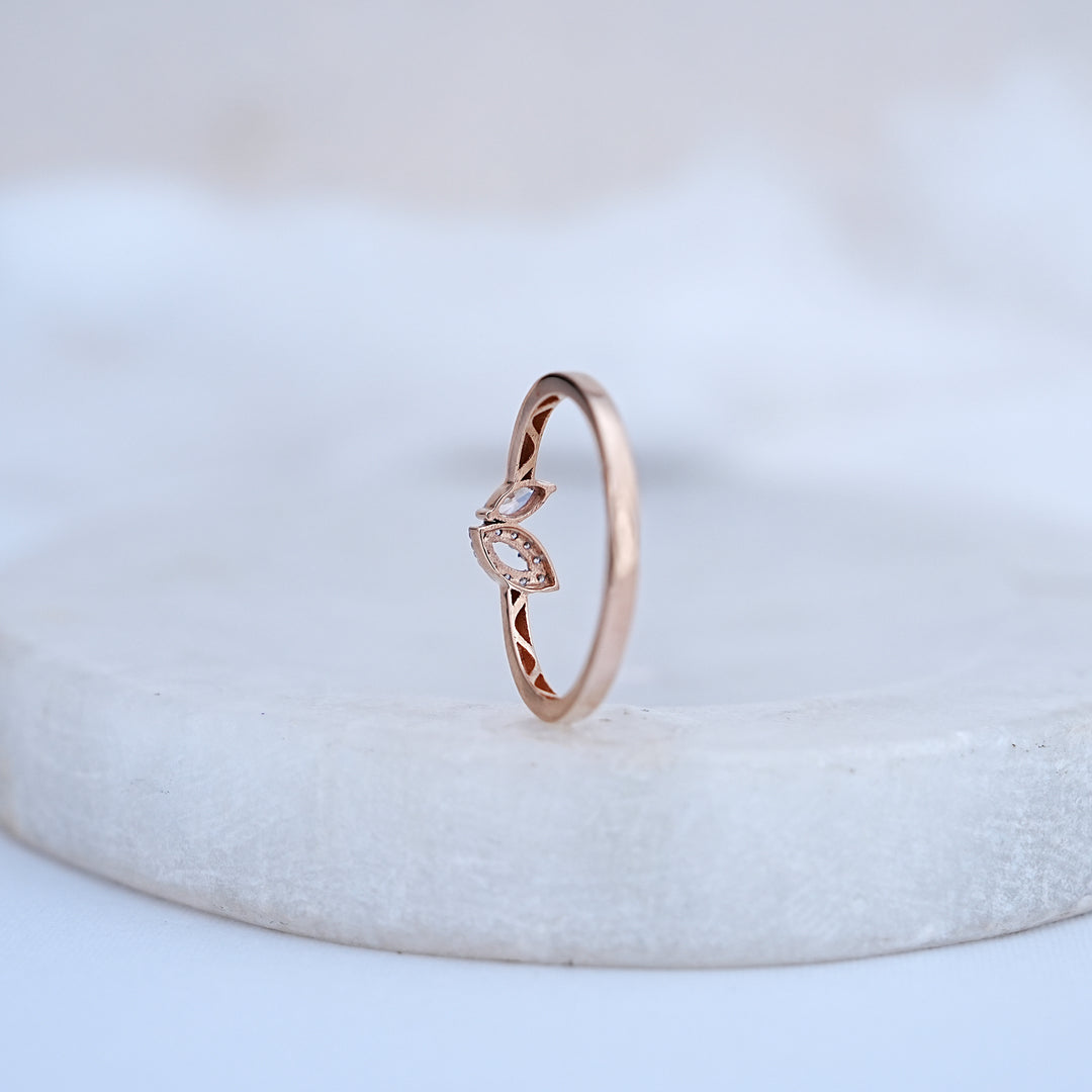 9K Rose Gold Leaf Ring with CZ Stones