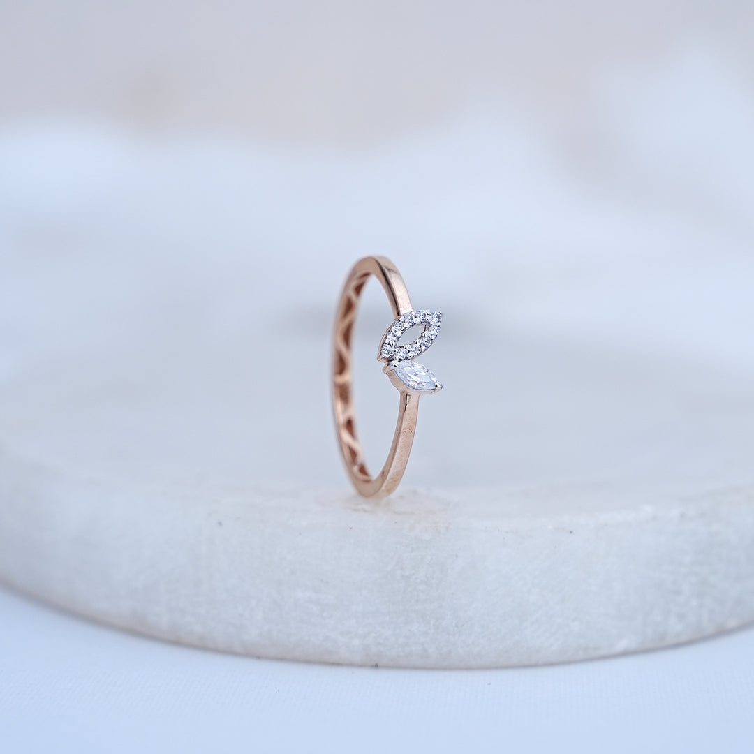 9K Rose Gold Leaf Ring with CZ Stones