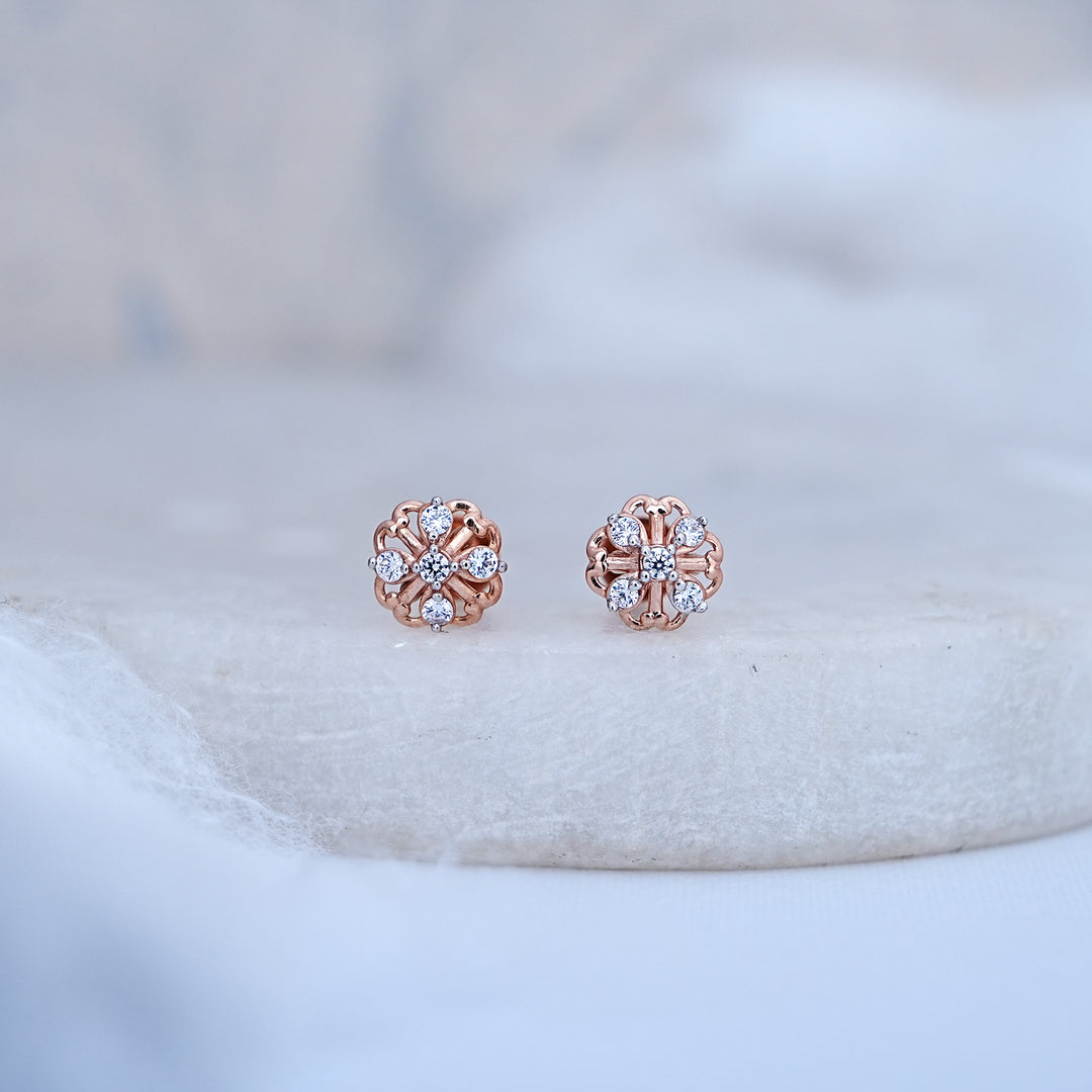 9K Rose Gold Stud Earrings with CZ Stones for Office wear, Daily Wear