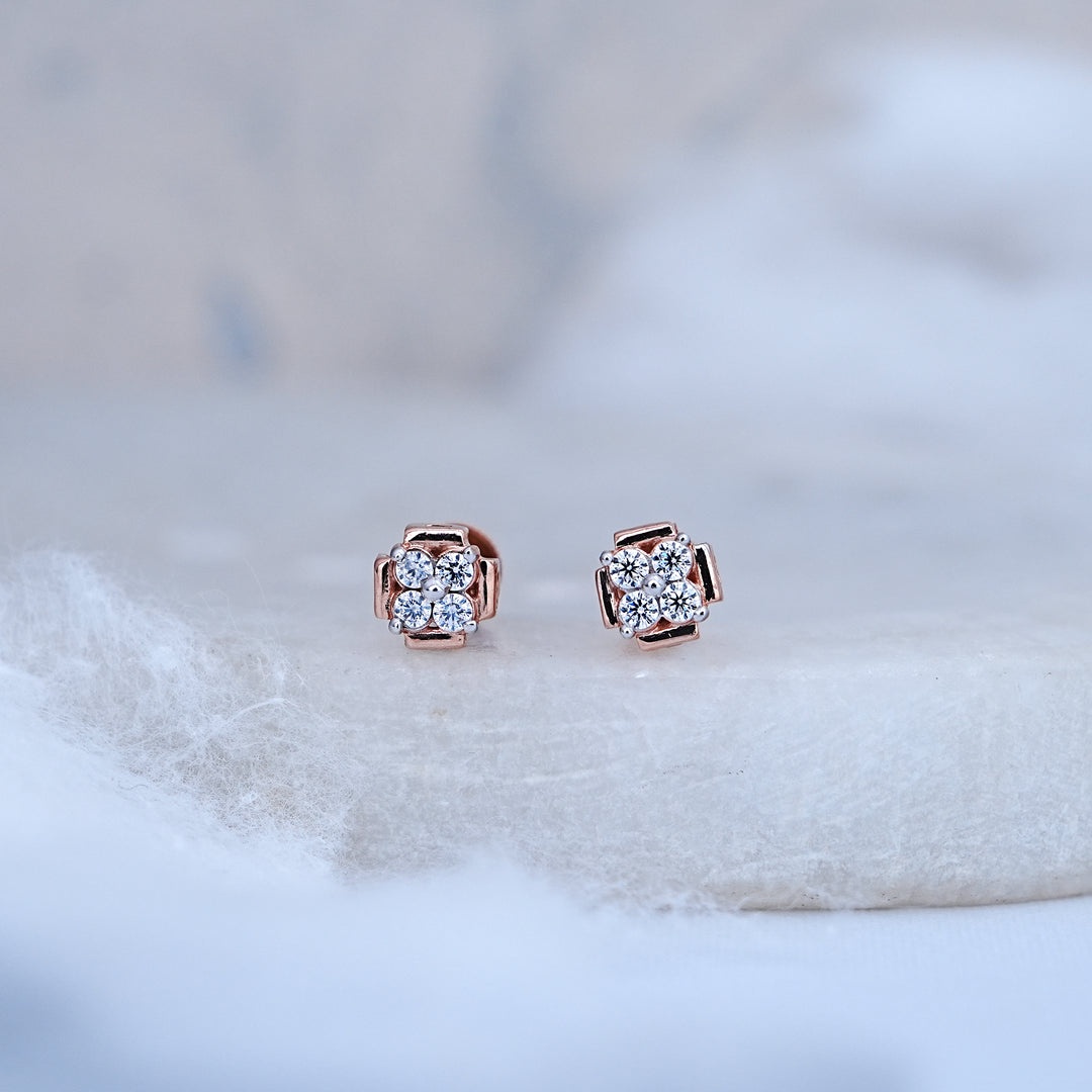 9K Rose Gold Stud Earrings with CZ Stones for Office wear, Daily Wear
