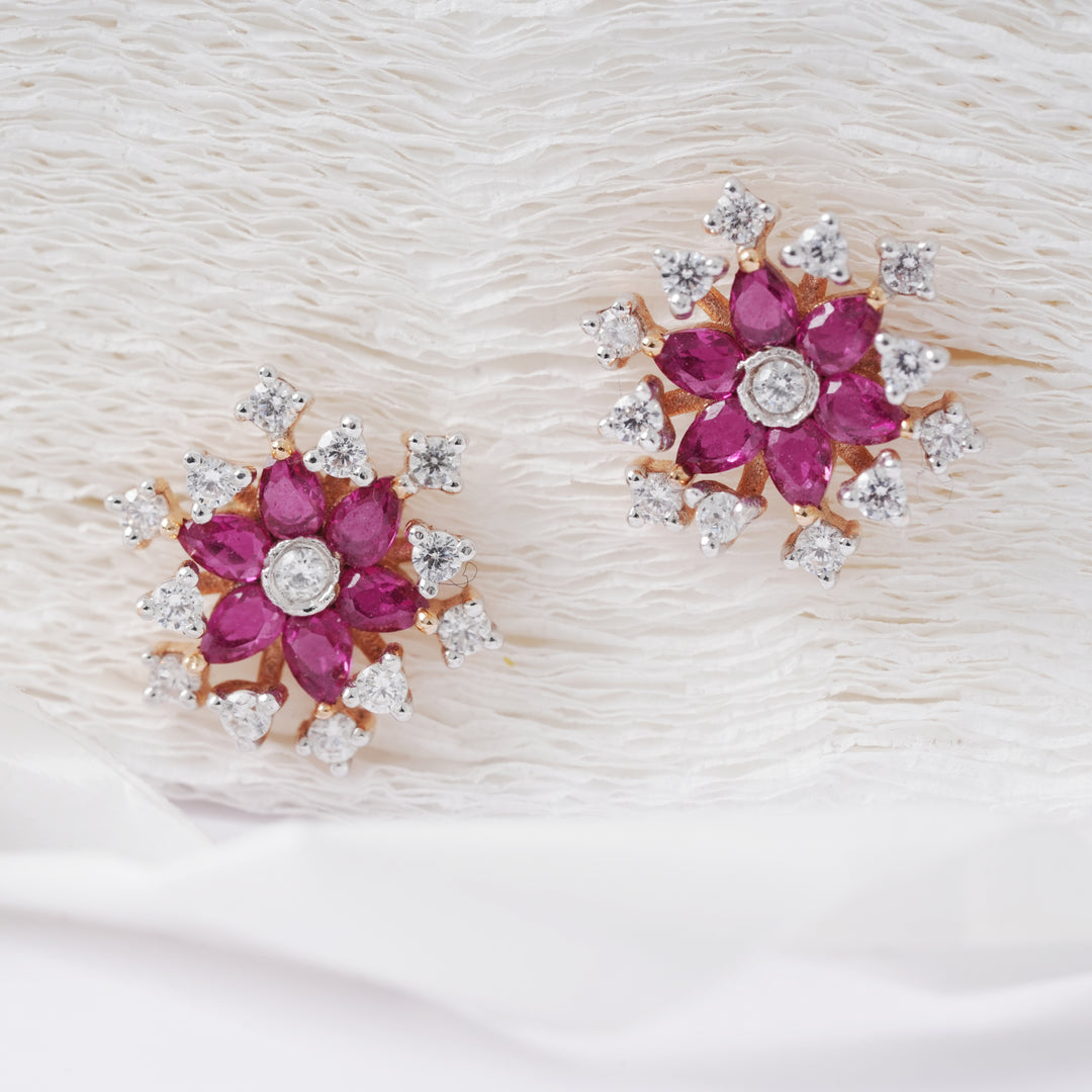 18K Gold Floral Stud Earrings with Multicolour Stones