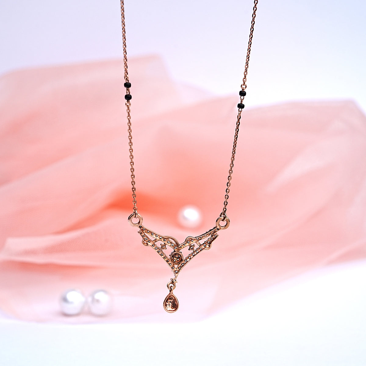 9k gold black bead necklace with cz stones for daily wear, office wear