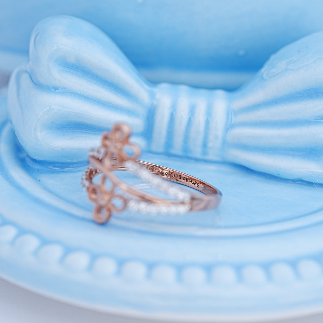 9K Rose Gold Floral Ring with CZ Stone